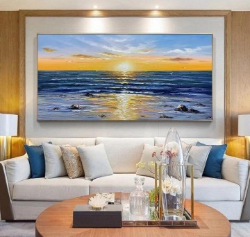 decoration decor group panels decorative Painting - Seascape sky sea by Palette Knife beach art wall decor seashore